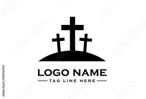 Vector graphic design of three crosses on a hill with a logo and tagline on Good Friday, symbolizing faith and spirituality.