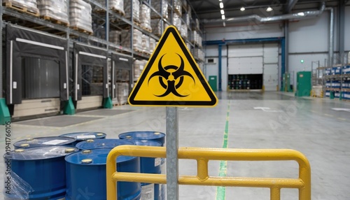 Warning Sign in Warehouse Indicating Hazardous Biological Materials