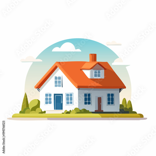 Charming detached suburban house with red roof and green landscaping