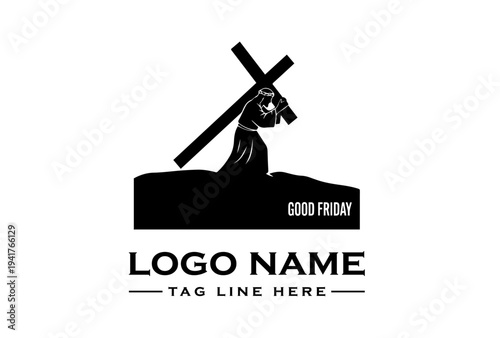 A black vector graphic depicting Jesus carrying a cross on Good Friday with a simple, iconic design and a bold, modern typography style on a clean white background.