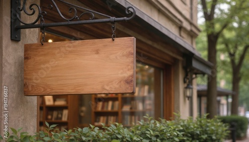 Wooden Signboard Hanging Outside a Bookstore on a Sunny Day