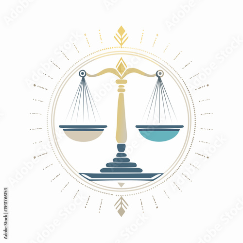 Law and justice symbolized by golden scales of justice with radiating lines and ornamental circle design