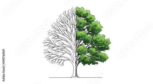 Half Living Tree, Half Bare Tree, Growth and Decay Concept