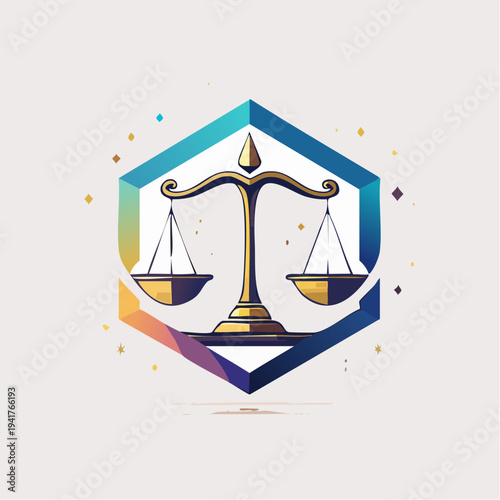 Vibrant geometric balance scale icon, representing fairness, equilibrium, and legal principles with a modern, abstract design