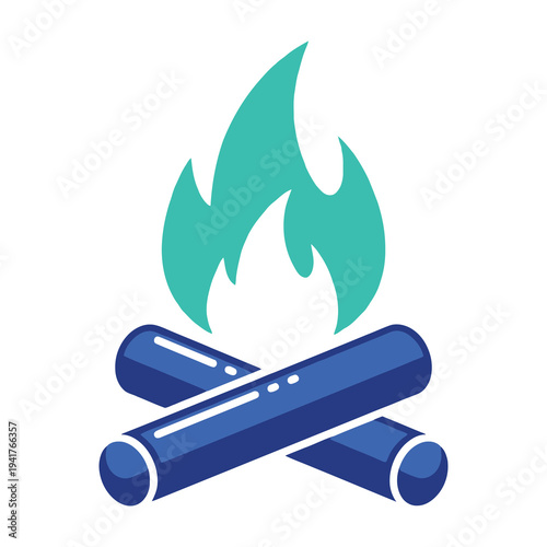 Blue campfire with green flames on white background symbolizing warmth and energy