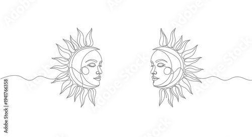 Minimalist Sun Faces Line Art - Celestial Duo