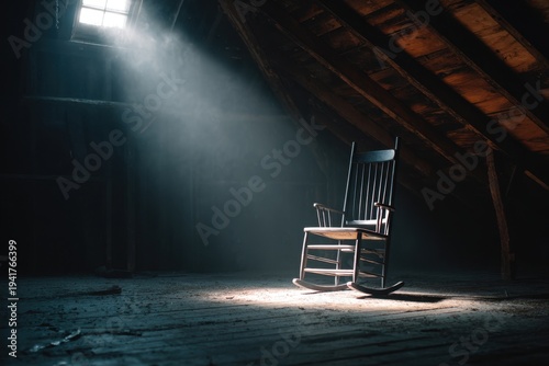 Rocking chair in haunted attic creating eerie atmosphere