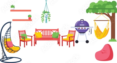 Colorful garden patio furniture set with red wooden bench, egg swing chair, yellow hammock, purple barbecue grill, bean bag, and hanging plants vector illustration.