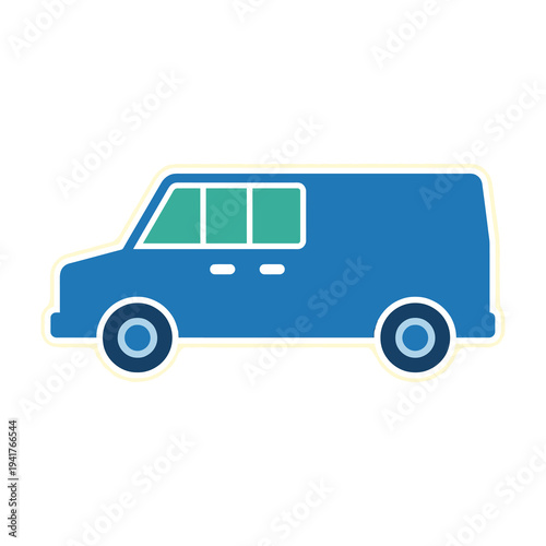 Blue van icon with green windows on white background for delivery or transportation concepts