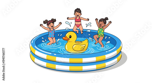 Children playing in inflatable pool with rubber duck