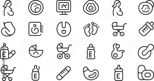 Black and white of pregnancy, baby care, and parenting essentials stroller