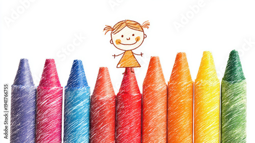 Crayon color rainbow child drawing girl cute happy child smiling over colorful crayon rainbow row playful art concept for charity support