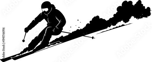 Silhouette of skier downhill  isolated on white background.