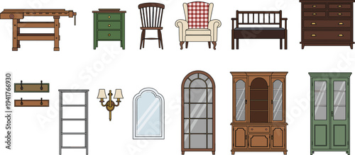 Vintage wooden furniture set including classic cupboard, armchair, dresser, workbench, mirror, wall lamp, and bookshelf isolated on white background for interior home vector.