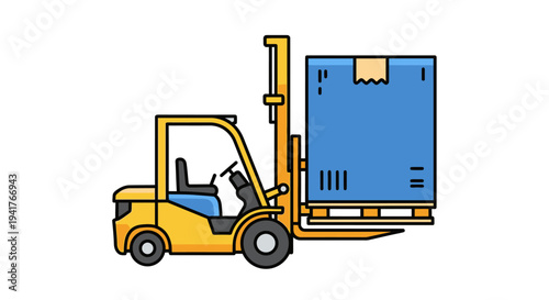 Yellow forklift truck lifting blue cargo box on pallet, logistics and delivery concept