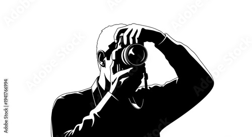 Silhouette of a photographer taking a picture with a DSLR camera, isolated on white