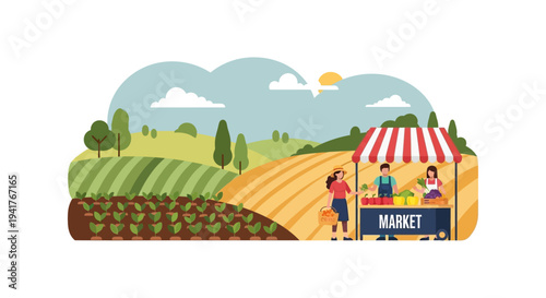Local Farmers Market Stall Illustration. People Buying Fresh Farm Produce in Rural Agricultural Landscape.