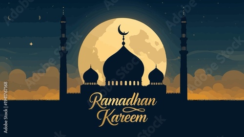 illustration of a serene Islamic mosque with a prominent minaret and domes set against a warm sunset backdrop, incorporating a silhouette flat design style