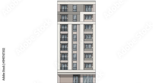 Modern Tall Residential Building with Balconies.