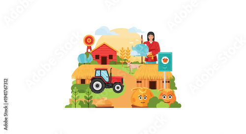 Flat Vector Illustration of Asian Farm Life: Female Farmer, Red Tractor, Traditional Huts, and Happy Crops