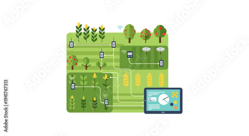 Smart Farming System: IoT Sensors, Data Analytics, and Precision Agriculture Management Concept Illustration.