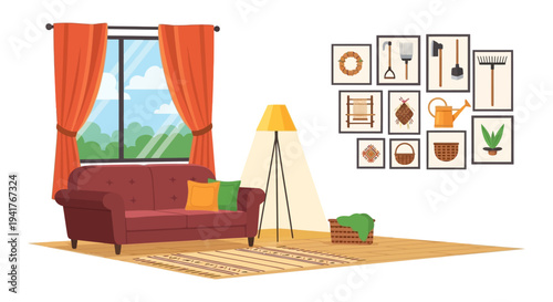 Cozy Living Room Interior Vector: Sofa, Window, and Rustic Gallery Wall Art Featuring Gardening and Craft Tools Illustration.