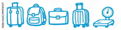 Blue hand-drawn doodle icons of travel luggage, including suitcases, a backpack, briefcase, and weighing scale. Isolated on white for vacation and business trip concepts.