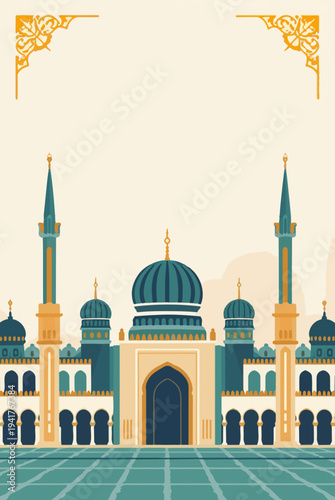 Vector template card featuring a stylized Islamic mosque with a flat design aesthetic, incorporating a combination of geometric shapes and bold lines
