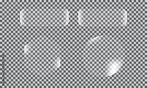 Liquid glass icon set mock up isolated on transparent background. glass banner for mobile and web app, tech board frame in futuristic style, vector.  