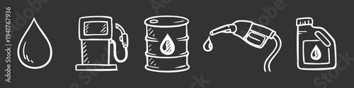 Hand-drawn oil and gas industry icon set in white chalk style on a dark background. Includes fuel pump, oil barrel, gas nozzle, drop, and canister for energy and petroleum themes.