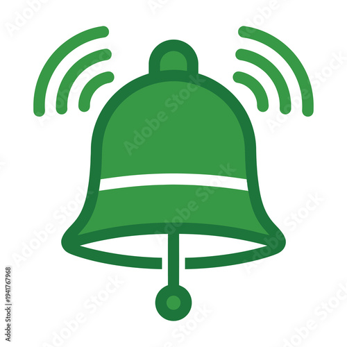 Green notification bell icon ringing with sound waves on white background alerting and notifying users with a simple design