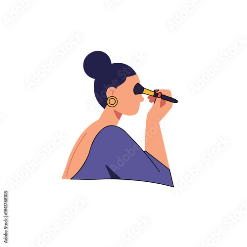 Woman Applying Makeup with Brush Illustration. Minimalist Vector Portrait of Girl Doing Makeup Routine. Beauty and Cosmetics Concept Flat Design Isolated on White.