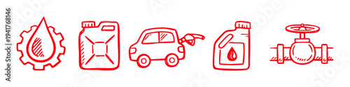 Set of red hand-drawn sketches featuring oil and gas industry icons like a gear with drop, gasoline jerrycan, car refueling, motor oil bottle, and pipeline valve. Industrial doodles on white.
