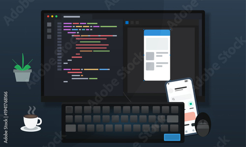 A flat vector illustration of a developer's workspace featuring a