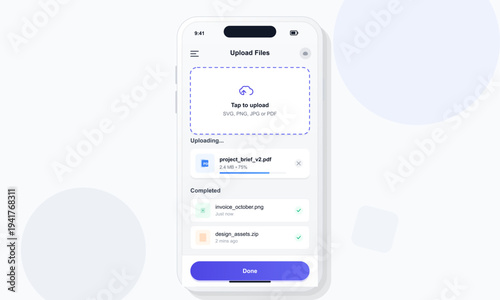 A modern mobile application interface for uploading files on a
