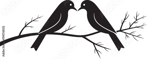 Black silhouette bird couple on branch vector icon