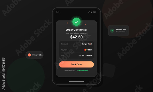 A dark mode mobile application interface displays a successful food
