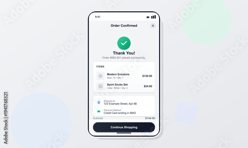 A mobile app interface on a smartphone shows a completed checkout