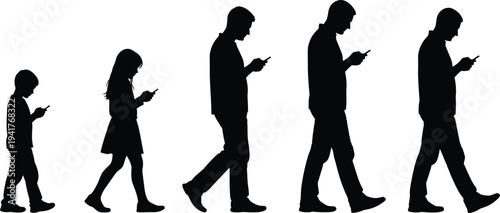 People walking while using smartphone silhouettes showing modern mobile phone addiction and technology lifestyle concept