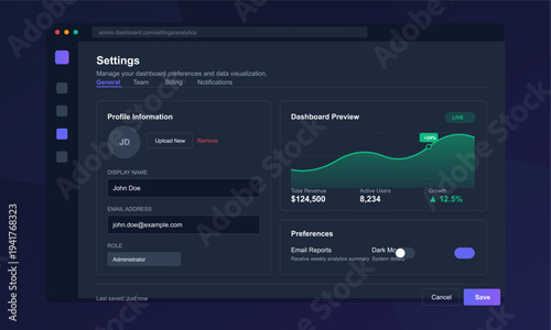 A modern dark mode dashboard settings interface featuring profile