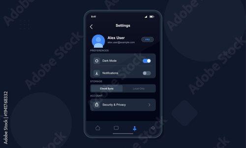 A smartphone displays a mobile application settings interface in dark