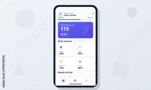 A mobile phone screen displays a brain training app interface with a