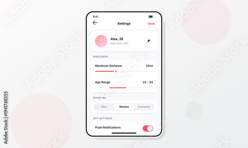 A smartphone interface displays the settings screen for a dating
