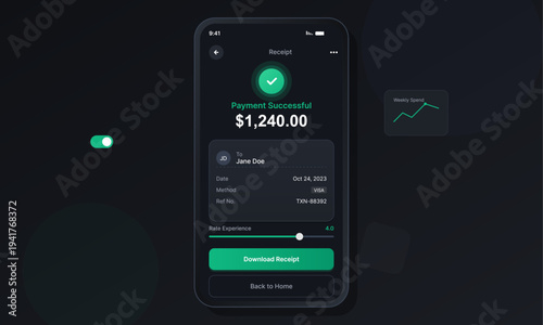 A smartphone screen shows a successful payment receipt for one
