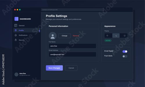 A modern user profile settings dashboard interface in dark mode