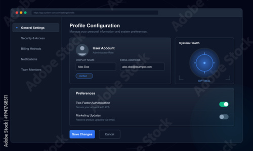 A dark mode user profile configuration dashboard featuring account