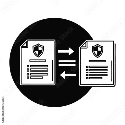 Secure document exchange with shield icons and double headed arrow on black circle background