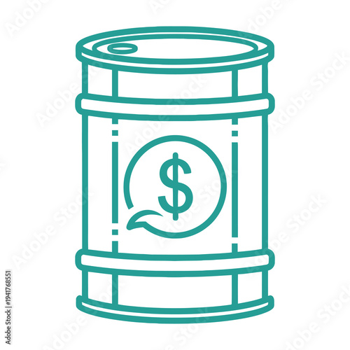 Teal line drawing of a money barrel with a dollar sign symbolizing finance and wealth management
