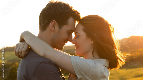 Couple embracing romantically during sunset in a field with mountains in the background