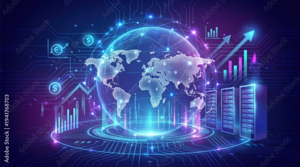 Fototapeta premium Global business network with data servers and financial growth indicators
